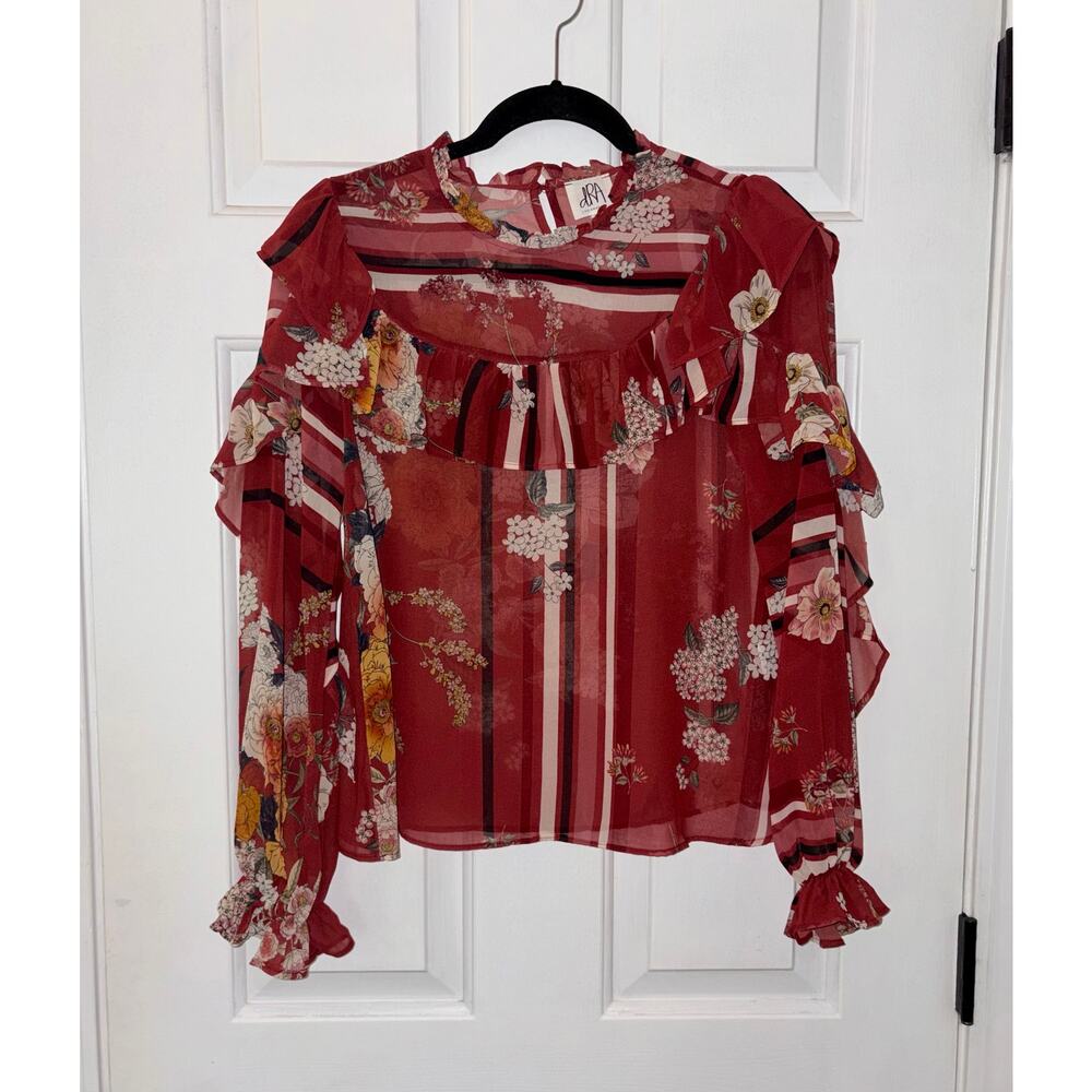 DRA Los Angeles Hazel Red Floral Sheer Ruffle Blouse Womens Size XS